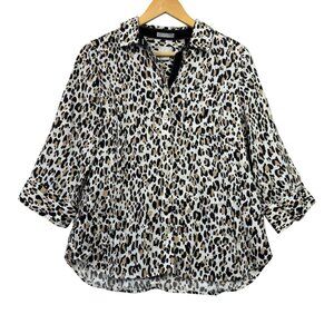 Chico's Linen Button Up Shirt Womens Sz O (4) Animal Print 3/4 Sleeve Non-Iron